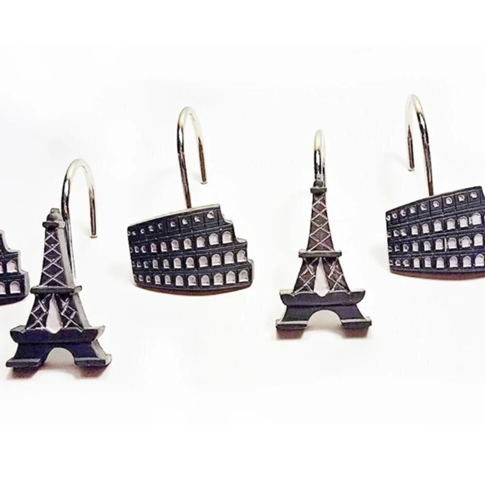 Paris Eiffel Tower Shower Curtain Hooks Parisian French Decor Set of 12